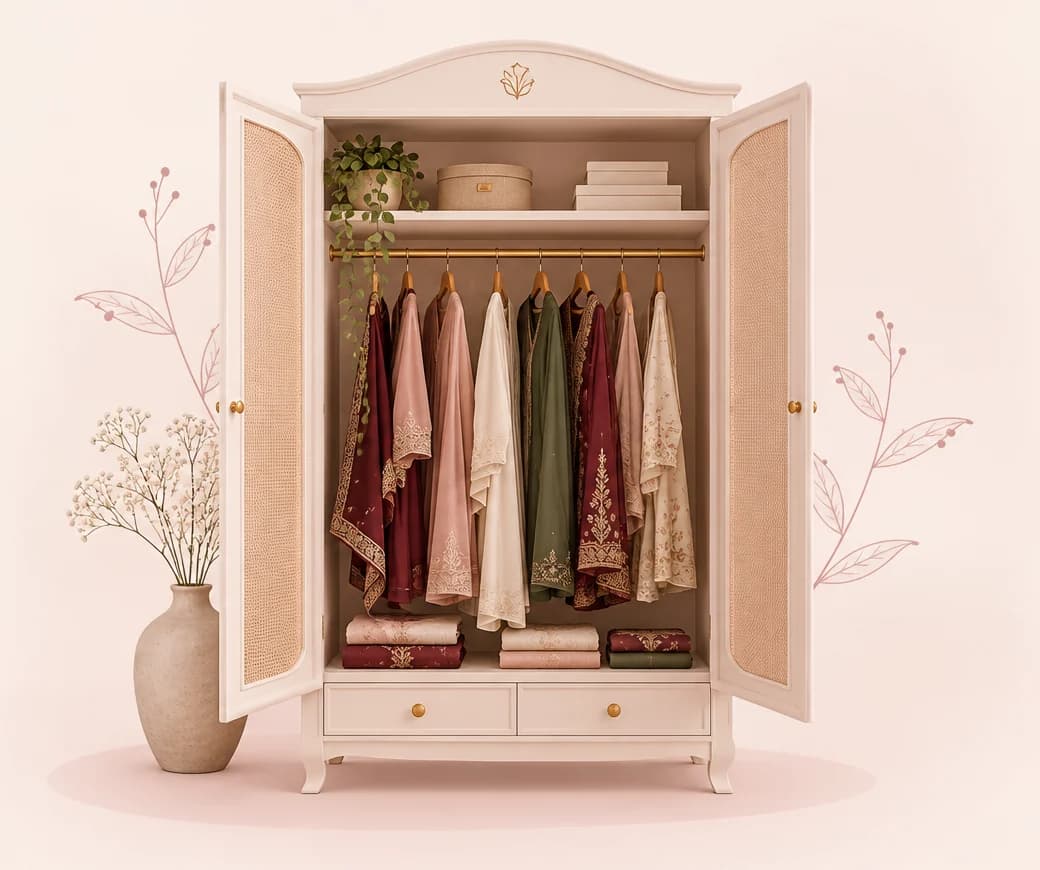An open cream wardrobe hung with wine, rose, ivory and sage outfits, beside a vase of baby's breath